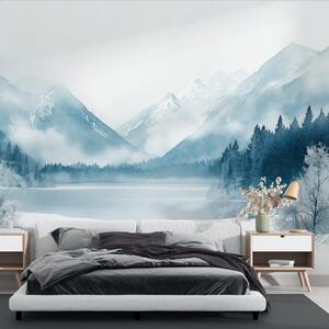 Tapety Zimné hory, zamrznuté jazero, borovicový les, modrá paleta farieb, akvarel, Fototapety s prírodnými motívmi, w02354 : Uwalls.sk