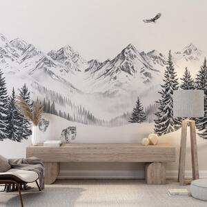 Tapety Zimné hory, snehové leopardy, borovicový les, kresba ceruzkou, letiaci orol, Fototapety s prírodnými motívmi, w02360 : Uwalls.sk