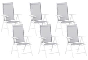 Sada 6 záhradných stoličiek so sklopným sklopným sivým textilným bielym hliníkovým rámom
