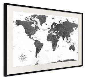 Artgeist Plagát - Monochrome Map [Poster] Veľkosť: 30x20, Verzia: Čierny rám s passe-partout