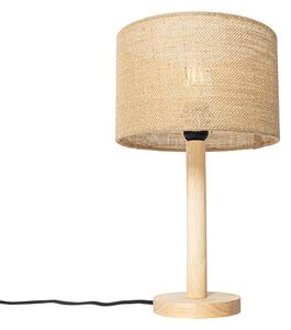 Vidiecka stolová lampa drevená s ľanovým tienidlom natural 25 cm - Mels
