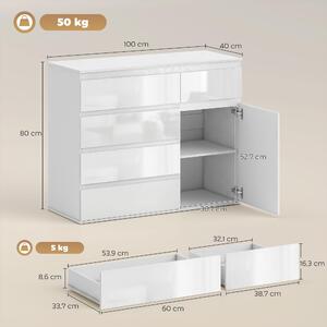 Komoda HOMCOM, komoda s 5 zásuvkami, nastaviteľnou policou a dvierkami s tlmeným dovieraním