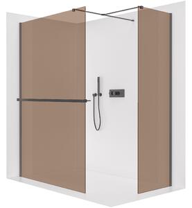 CERANO - Sprchová zástena Walk-in Onyx TL/P - 8 mm - hranatá vzpera + polička/držiak na uteráky - čierna matná, bronzové sklo - 140x70x200 cm