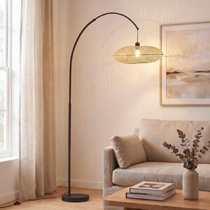 Lindby Oblúkové svietidlo Solvian, čierne/prírodné, bambus, kov, Čierna, Obývacia izba / jedáleň, kov, Moderný, Oblúková stojaca lampa