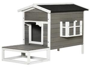 PAWHUT Vonkajší drevený domček pre mačky 115 x 67 x 75 cm sivý biely