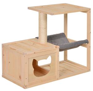 PAWHUT Vnútorný domček pre mačky s prístreškom a hojdacou sieťou drevený 70 x 35 x 60 cm prírodný