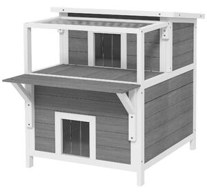 PAWHUT Vonkajší domček pre mačky s balkónom drevený 64 x 87 x 76 cm sivý biely