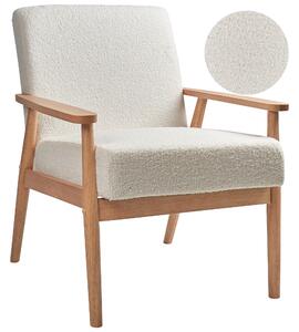 Kreslo krémovobiele buklé čalúnenie polyester retro dizajn svetlé drevené nohy a opierky rúk obývacia izba
