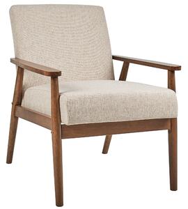 Kreslo béžové látkové čalúnenie polyester retro dizajn tmavé drevené nohy a opierky rúk obývacia izba