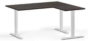 Výškovo nastaviteľný stôl, 3 motory, 745 - 1215 mm, rohový L/P, doska 1600 x 1400 mm, biela podnož, wenge