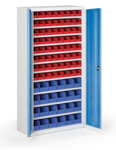 Skriňa s plastovými boxami BASIC - 1800 x 400 x 920 mm, 64xA/24xB, sivá/modré dvere