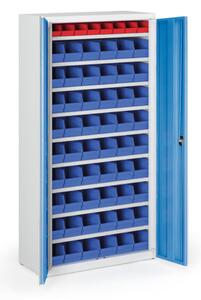 Skriňa s plastovými boxami BASIC - 1800 x 400 x 920 mm, 8xA/54xB, sivá/modré dvere