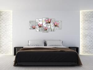 Abstraktný obraz kvetov na sivom pozadí (Obraz 150x70cm)