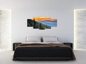 Obraz horskej krajiny pri západe slnka (Obraz 150x70cm)