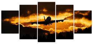 Pristávajúce lietadlo pri západe slnka - obraz (Obraz 150x70cm)