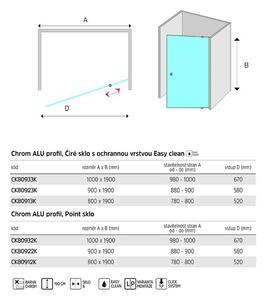 Mereo, Lima sprchové dvere pivotové 90x190 cm, chróm ALU, 6mm číre sklo, MER-CK80923K