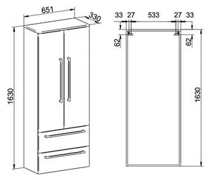 Mereo, Bino, kúpeľňová skrinka vysoká, dvojitá, 65x33x163 cm, biela, MER-CN669