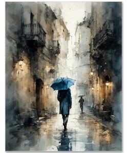 Ticho v daždi – obraz postavy s modrým dáždnikom 30x40cm