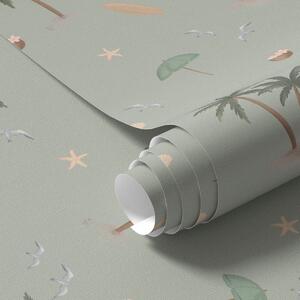 Tapety Tropické palmy, vtáky a mušle na šalviovo zelenom pozadí, Tapety na plochu jedinečné, a01280v1 : Uwalls.sk