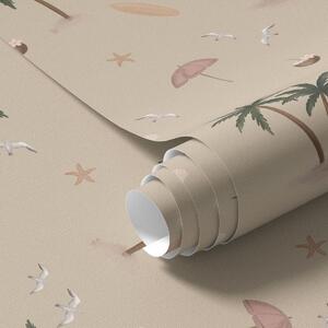 Tapety Tropické palmy, vtáky a ružové slnečníky na béžovom pozadí, Tapety na plochu jedinečné, a01280v2 : Uwalls.sk