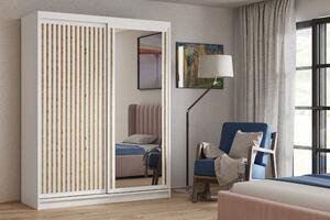 Šatníková skriňa s lamelami a zrkadlom 120 cm WARDERO - biela / dub artisan
