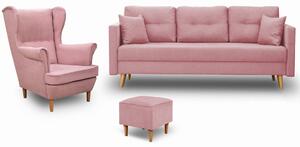 Škandinávsky set nábytku pohovka s kreslom a pufom Ružová