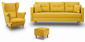 Škandinávsky set nábytku pohovka s kreslom a pufom Žltá