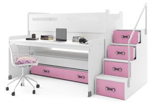 Poschodová posteľ 80 x 200 cm Moxxo 1 (biela + ružová) (s roštami, matracmi a úl. priestorom). Vlastná spoľahlivá doprava až k Vám domov. 1056468