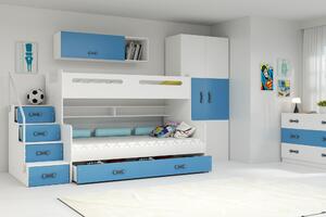 Poschodová posteľ 120 x 200 cm Moxxo 3 (biela + modrá) (s roštami, matracmi a úl. priestorom). Vlastná spoľahlivá doprava až k Vám domov. 1056472