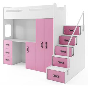 Poschodová posteľ 80 x 200 cm Moxxo 4 (biela + ružová) (s roštami, matracmi a úl. priestorom). Vlastná spoľahlivá doprava až k Vám domov. 1056478