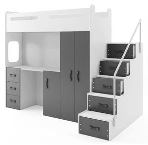 Poschodová posteľ 80 x 200 cm Moxxo 4 (biela + grafit) (s roštami, matracmi a úl. priestorom). Vlastná spoľahlivá doprava až k Vám domov. 1056476