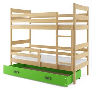 Poschodová posteľ 80 x 160 cm Eril B (borovica + zelená) (s roštami, matracmi a úl. priestorom). Vlastná spoľahlivá doprava až k Vám domov. 1056554