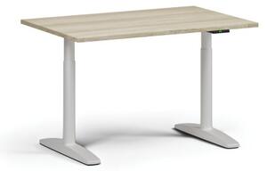 Výškovo nastaviteľný stôl OBOL, elektrický, 675-1325 mm, doska 1200x800 mm, biela zaoblená podnož, dub prírodný