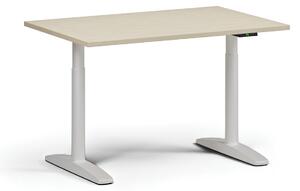Výškovo nastaviteľný stôl OBOL, elektrický, 675-1325 mm, doska 1200x800 mm, biela zaoblená podnož, orech
