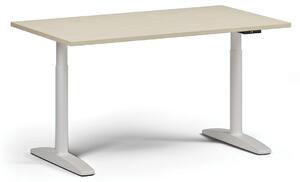 Výškovo nastaviteľný stôl OBOL, elektrický, 675-1325 mm, doska 1400x800 mm, biela zaoblená podnož, dub prírodný