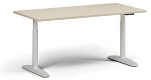 Výškovo nastaviteľný stôl OBOL, elektrický, 675-1325 mm, doska 1600x800 mm, biela zaoblená podnož, orech