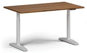 Výškovo nastaviteľný stôl OBOL, elektrický, 675-1325 mm, doska 1400x800 mm, biela zaoblená podnož, orech
