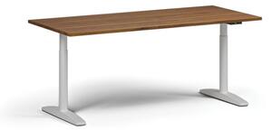 Výškovo nastaviteľný stôl OBOL, elektrický, 675-1325 mm, doska 1800x800 mm, biela zaoblená podnož, orech