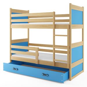 Poschodová posteľ 80 x 160 cm Ronnie B (borovica + modrá) (s roštami, matracmi a úl. priestorom). Vlastná spoľahlivá doprava až k Vám domov. 1056597