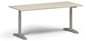 Výškovo nastaviteľný stôl OBOL, elektrický, 675-1325 mm, doska 1800x800 mm, sivá zaoblená podnož, orech