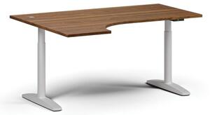 Výškovo nastaviteľný stôl OBOL, elektrický, 675-1325 mm, rohový ľavý, doska 1600x1200 mm, biela zaoblená podnož, orech