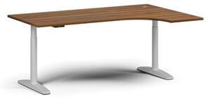 Výškovo nastaviteľný stôl OBOL, elektrický, 675-1325 mm, rohový pravý, doska 1800x1200 mm, biela zaoblená podnož, orech