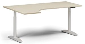 Výškovo nastaviteľný stôl OBOL, elektrický, 675-1325 mm, rohový ľavý, doska 1800x1200 mm, biela zaoblená podnož, breza
