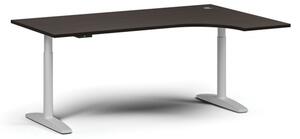 Výškovo nastaviteľný stôl OBOL, elektrický, 675-1325 mm, rohový pravý, doska 1800x1200 mm, biela zaoblená podnož, wenge