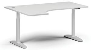 Výškovo nastaviteľný stôl OBOL, elektrický, 675-1325 mm, rohový ľavý, doska 1600x1200 mm, biela zaoblená podnož, biela