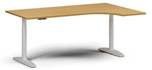Výškovo nastaviteľný stôl OBOL, elektrický, 675-1325 mm, rohový pravý, doska 1800x1200 mm, biela zaoblená podnož, buk