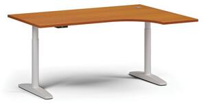 Výškovo nastaviteľný stôl OBOL, elektrický, 675-1325 mm, rohový pravý, doska 1600x1200 mm, biela zaoblená podnož, čerešňa