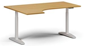 Výškovo nastaviteľný stôl OBOL, elektrický, 675-1325 mm, rohový ľavý, doska 1600x1200 mm, biela zaoblená podnož, buk
