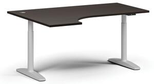Výškovo nastaviteľný stôl OBOL, elektrický, 675-1325 mm, rohový ľavý, doska 1600x1200 mm, biela zaoblená podnož, wenge
