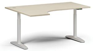 Výškovo nastaviteľný stôl OBOL, elektrický, 675-1325 mm, rohový ľavý, doska 1600x1200 mm, biela zaoblená podnož, dub prírodný